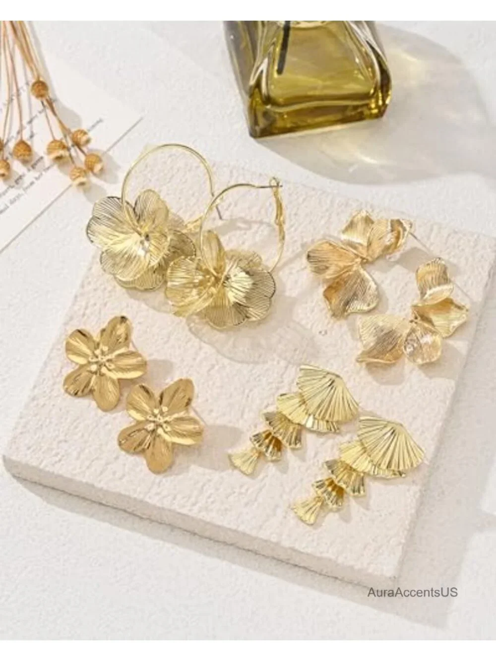 4 Pair Gold Plated Chunky Statement Earrings Set for Women - Flower Leaf Hoop
